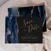 Chic Navy Blue Gold Agate Dark Save the Date Kaart