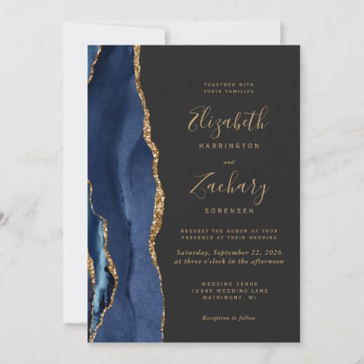 Chic Navy Blue Gold Agate Dark Wedding Invitation Kaart (Voorkant)