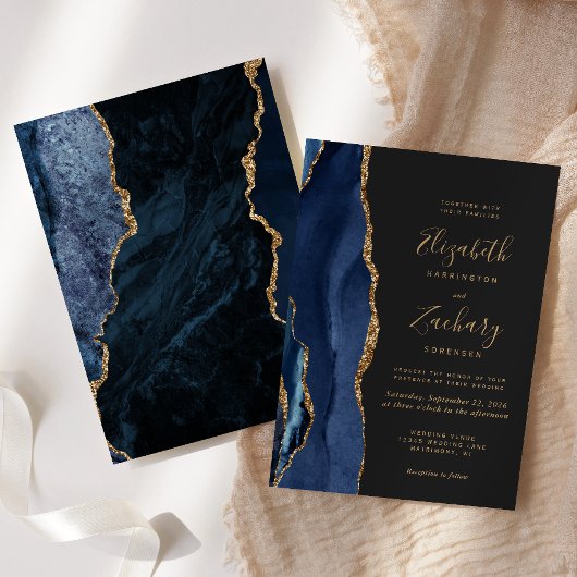 Chic Navy Blue Gold Agate Dark Wedding Invitation Kaart