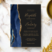 Chic Navy Blue Gold Agate Dark Wedding Invitation Kaart