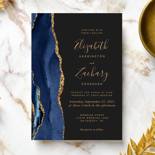 Chic Navy Blue Gold Agate Dark Wedding Invitation Kaart