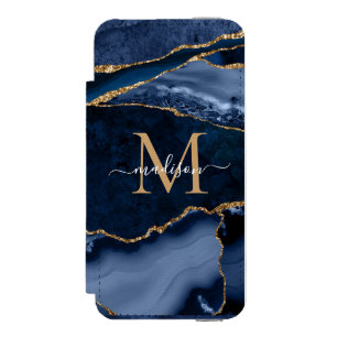 Chic Navy Blue Gold Agate Geode Feminine Monogram