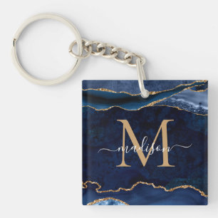 Chic Navy Blue Gold Agate Geode Glitter Monogram Sleutelhanger