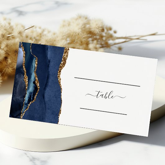 Chic Navy Blue Gold Agate Wedding Table Plaatskaartje