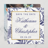 Chic Navy Blue Gold Botanical Save the Date Photo (Voorkant / Achterkant)