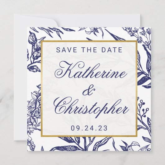 Chic Navy Blue Gold Botanical Save the Date Photo (Voorkant)