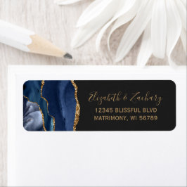 Chic Navy Blue Gold Dark Wedding Return Address Etiket