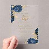 Chic Navy Blue Gold Floral Wedding Save the Date Acryl Uitnodigingen (Insitu (Draagbaar))