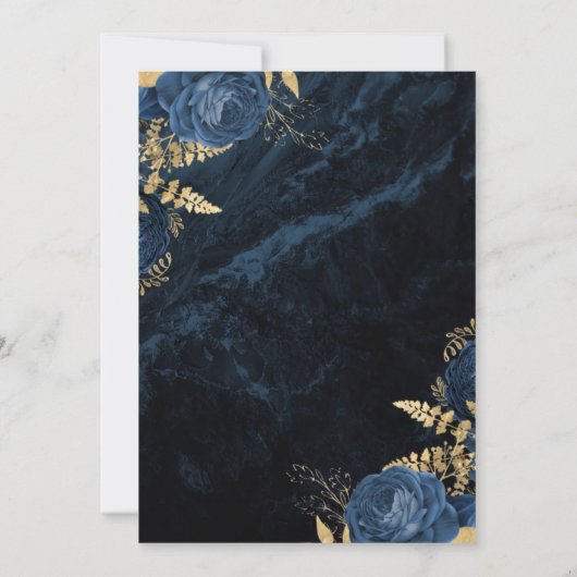 Chic Navy Blue Gold Floral Wedding Save the Date Kaart (Achterkant)