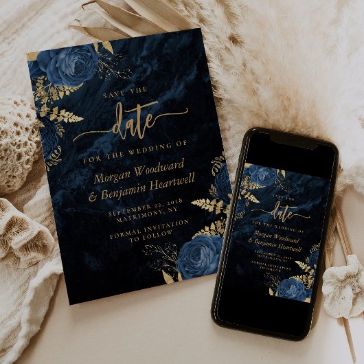 Chic Navy Blue Gold Floral Wedding Save the Date Kaart