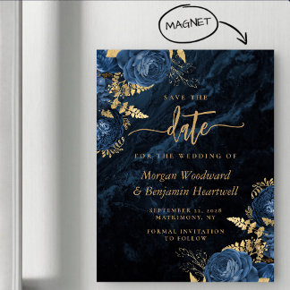 Chic Navy Blue Gold Floral Wedding Save the Date Magnetische Uitnodiging