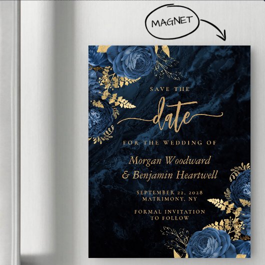Chic Navy Blue Gold Floral Wedding Save the Date Magnetische Uitnodiging