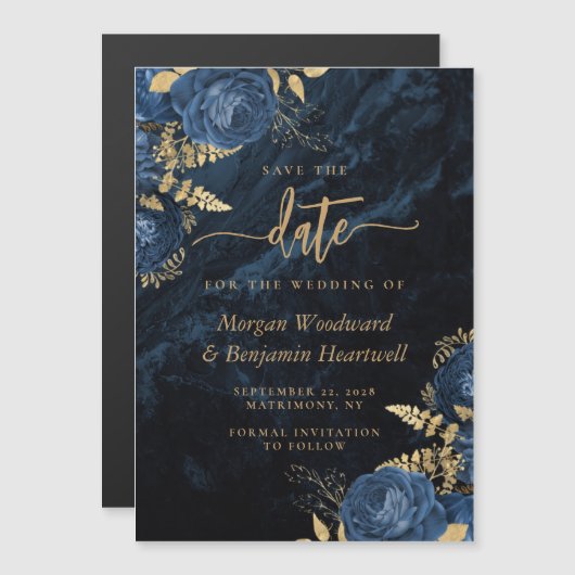 Chic Navy Blue Gold Floral Wedding Save the Date Magnetische Uitnodiging (Voorkant / Achterkant)