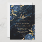Chic Navy Blue Gold Floral Wedding Save the Date Magnetische Uitnodiging (Voorkant)