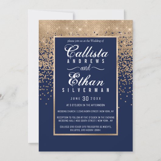 Chic Navy Blue Gold Glitter Confetti bruiloft Kaart (Voorkant)