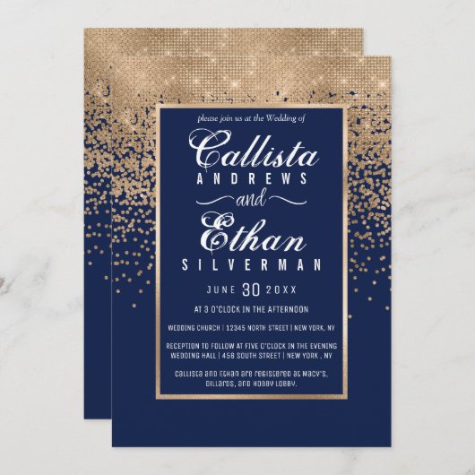 Chic Navy Blue Gold Glitter Confetti bruiloft Kaart (Voorkant / Achterkant)