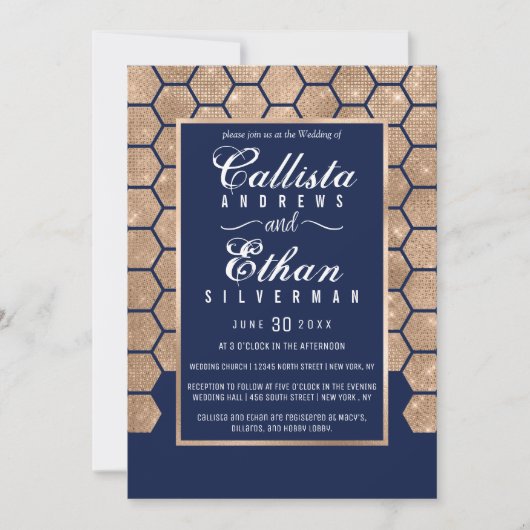 Chic Navy Blue Gold Glitter Hexagon Geo Wedding Kaart (Voorkant)