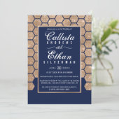 Chic Navy Blue Gold Glitter Hexagon Geo Wedding Kaart (Staand voorkant)