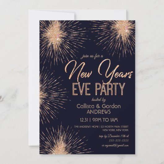 Chic Navy Blue Gold Glitter Sparkler New Years Eve Kaart (Voorkant)