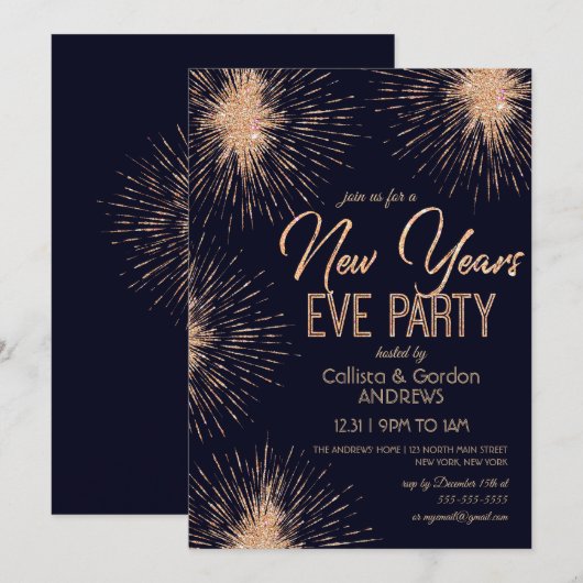 Chic Navy Blue Gold Glitter Sparkler New Years Eve Kaart (Voorkant / Achterkant)