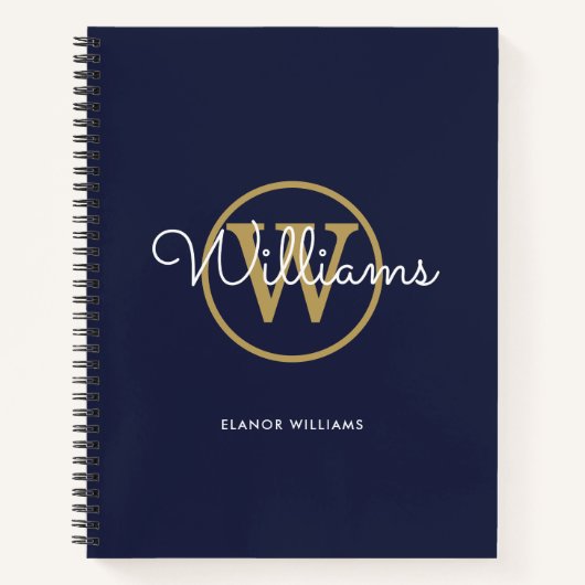 Chic Navy Blue Gold Monogram Naam Notitieboek (Voorkant)