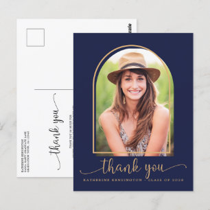 Chic Navy Blue Gold Photo Afstuderen Hartelijk dan Briefkaart