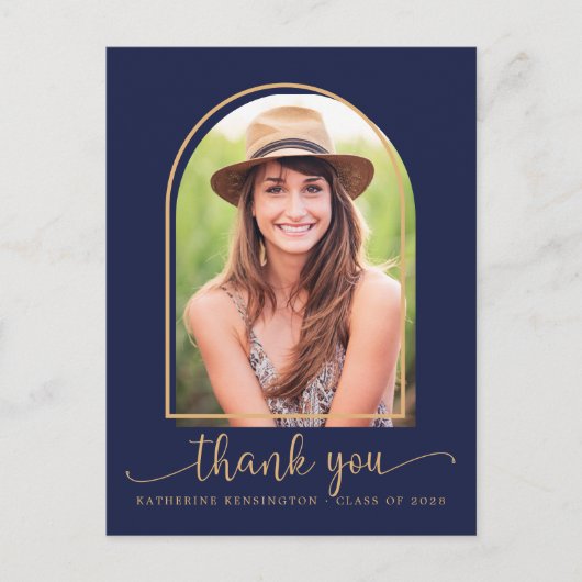 Chic Navy Blue Gold Photo Afstuderen Hartelijk dan Briefkaart (Voorkant)
