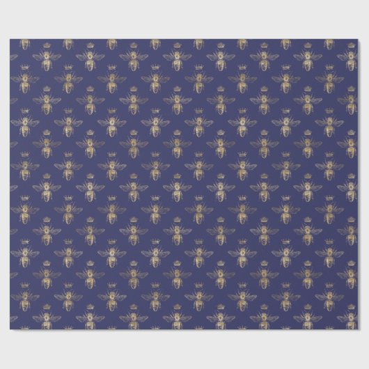 Chic Navy Blue Gold Queen Bee Pattern Cadeaupapier (Vlak)