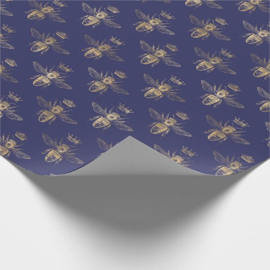 Chic Navy Blue Gold Queen Bee Pattern Cadeaupapier (Hoek)