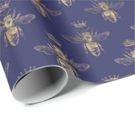 Chic Navy Blue Gold Queen Bee Pattern Cadeaupapier