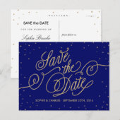 Chic Navy Blue & Gold Stars Save the Date Briefkaa Aankondigingskaart (Voorkant / Achterkant)
