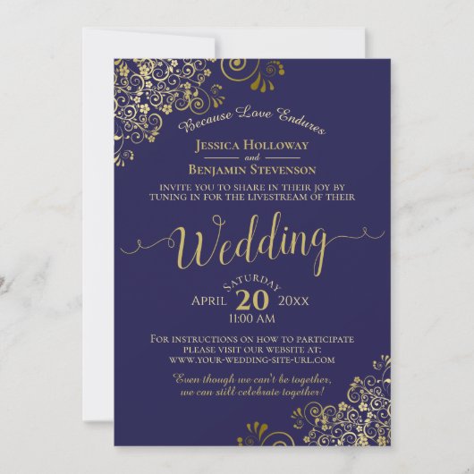 Chic Navy Blue & Gold Virtual Wedding Livestream Kaart (Voorkant)