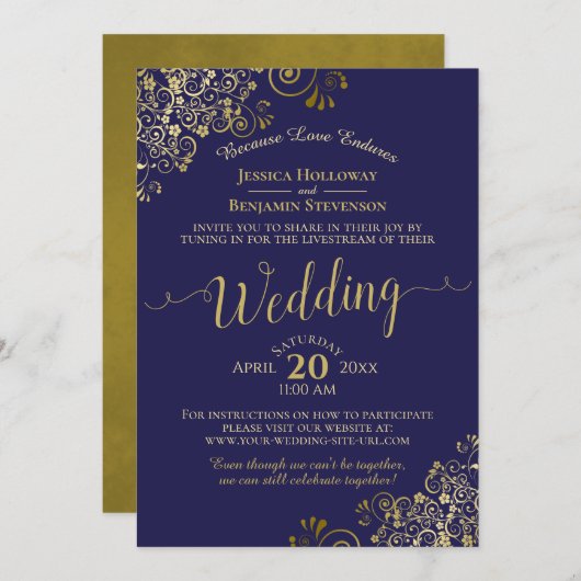 Chic Navy Blue & Gold Virtual Wedding Livestream Kaart (Voorkant / Achterkant)