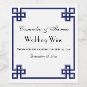 Chic Navy Blue Greek Key Knot Lijst Wijn Etiket (Enkel label)