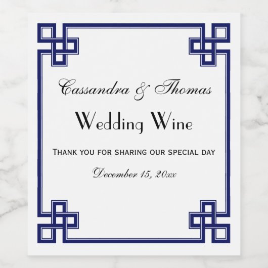 Chic Navy Blue Greek Key Knot Lijst Wijn Etiket (Enkel label)