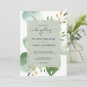 Chic Navy Blue Green Eucalyptus Botanical Weddensc Kaart (Staand voorkant)
