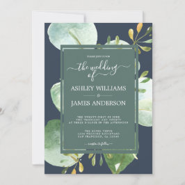 Chic Navy Blue Green Eucalyptus Botanical Weddensc Kaart