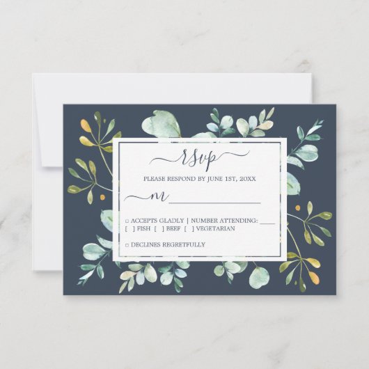 Chic Navy Blue Green Eucalyptus Botanical Weddensc RSVP Kaartje (Voorkant)