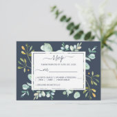 Chic Navy Blue Green Eucalyptus Botanical Weddensc RSVP Kaartje (Staand voorkant)
