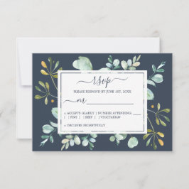 Chic Navy Blue Green Eucalyptus Botanical Weddensc RSVP Kaartje