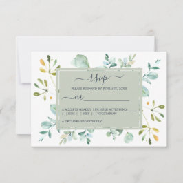 Chic Navy Blue Green Eucalyptus Botanical Weddensc RSVP Kaartje