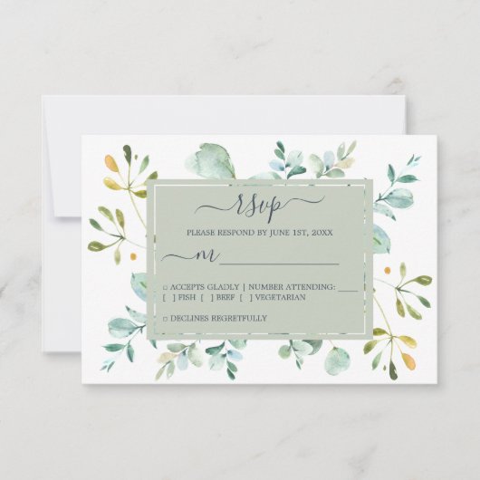 Chic Navy Blue Green Eucalyptus Botanical Weddensc RSVP Kaartje (Voorkant)