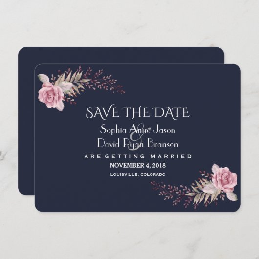 Chic Navy Blue Maroon Boho Floral Save the Date (Voorkant / Achterkant)
