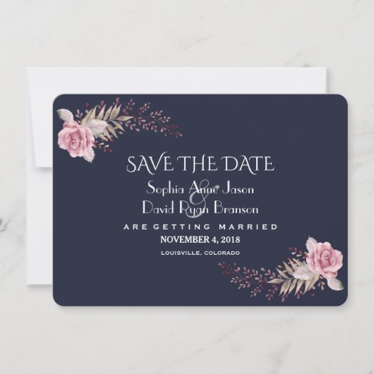 Chic Navy Blue Maroon Boho Floral Save the Date (Voorkant)