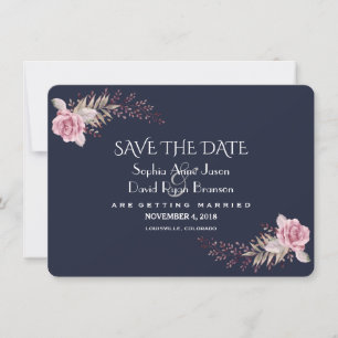 Chic Navy Blue Maroon Boho Floral Save the Date