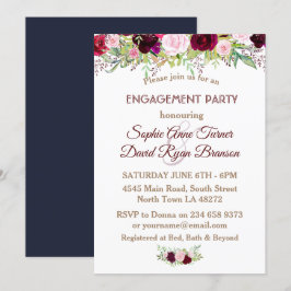 Chic Navy Blue Marsala Floral Engagement Party Kaart