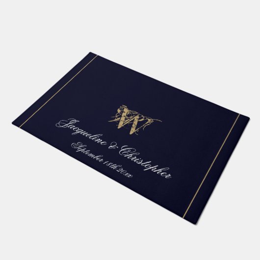 Chic Navy Blue Monogram Names Pas getrouwd Wedding Deurmat (Schuin)