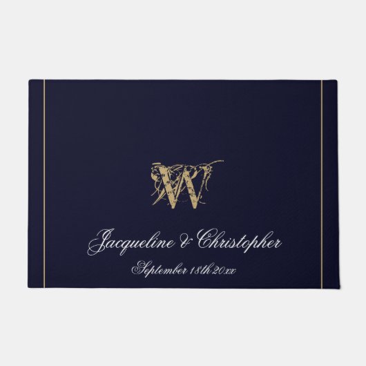 Chic Navy Blue Monogram Names Pas getrouwd Wedding Deurmat (Voorkant)
