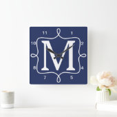 Chic Navy Blue Monogram Vierkante Klok (Huis)