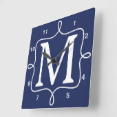 Chic Navy Blue Monogram Vierkante Klok (Hoek)